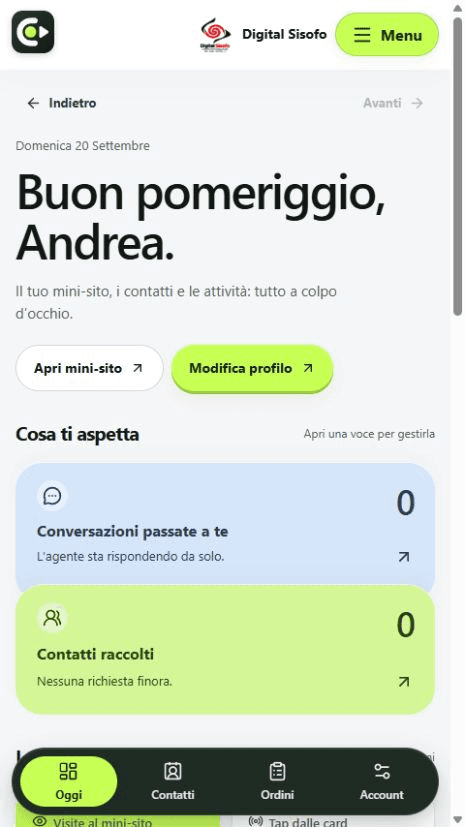Il pannello reale Digital Sisofo con profilo, contatti e conversazioni