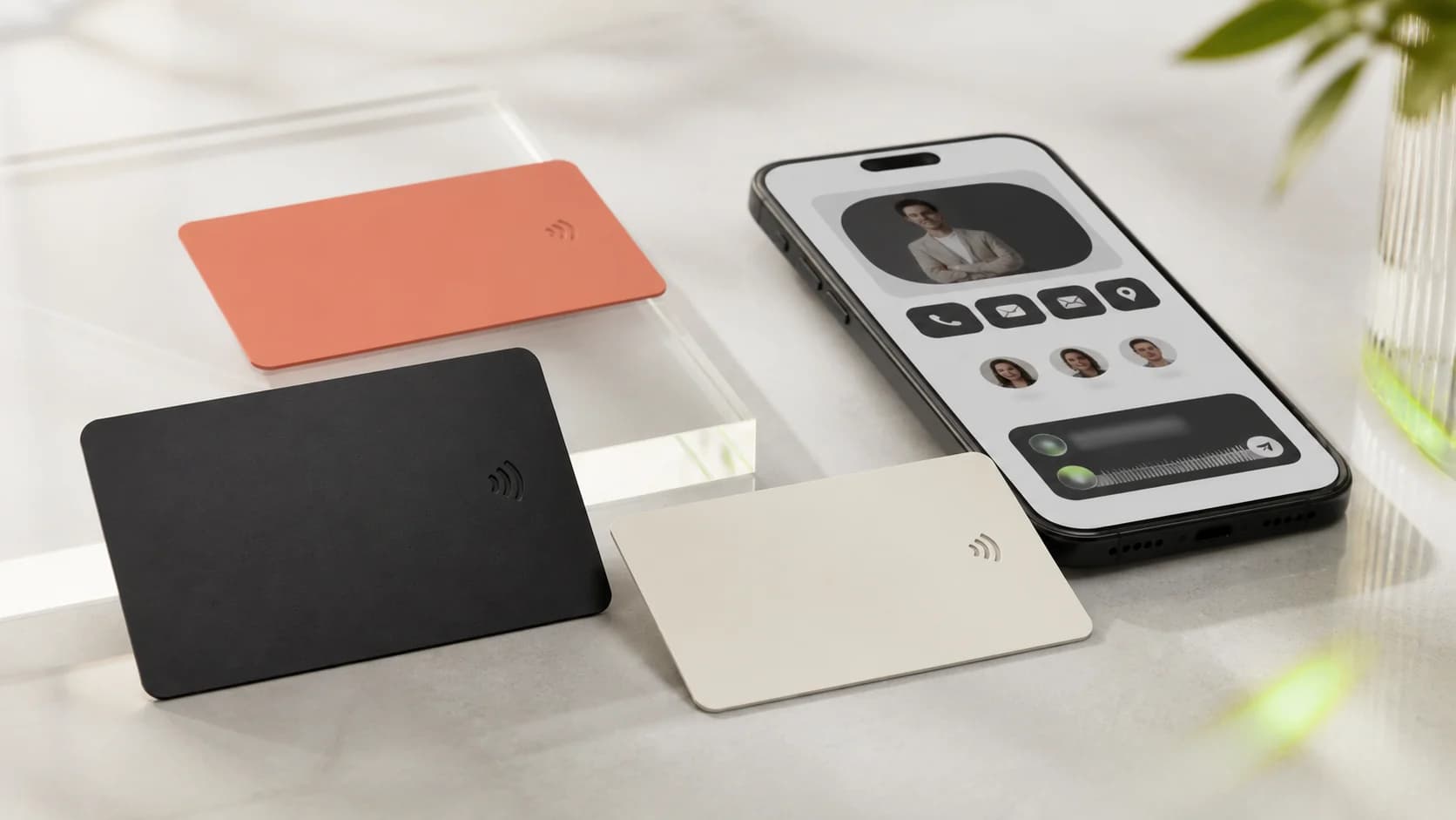 Le cinque card NFC Contattami personalizzate con logo, nome e QR sul retro