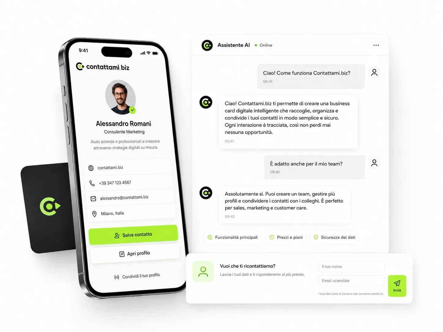 Il profilo digitale sul telefono con l'assistente AI che risponde alle domande dei visitatori e raccoglie i recapiti