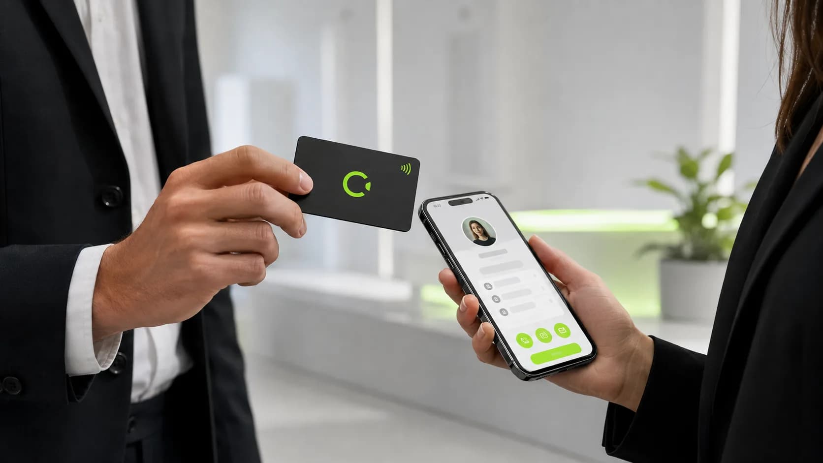 Una mano avvicina la card NFC contattami.biz a uno smartphone che mostra il profilo digitale