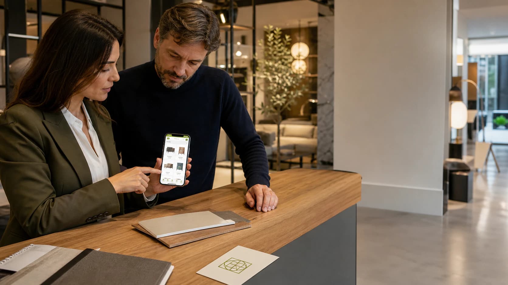 Cliente consulta un catalogo acceso sul telefono in showroom, accanto a una card NFC con logo