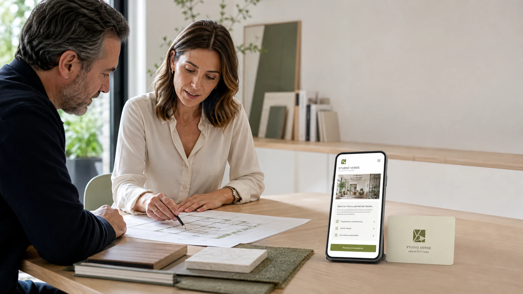 Mini-sito professionale acceso sul telefono accanto alla card NFC dello studio
