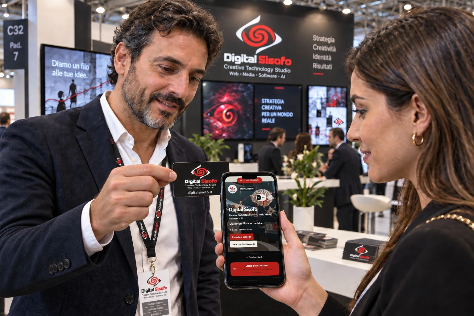 Allo stand Digital Sisofo, un professionista avvicina la card nera al retro dell’iPhone di una visitatrice; sul display è visibile il mini-sito.
